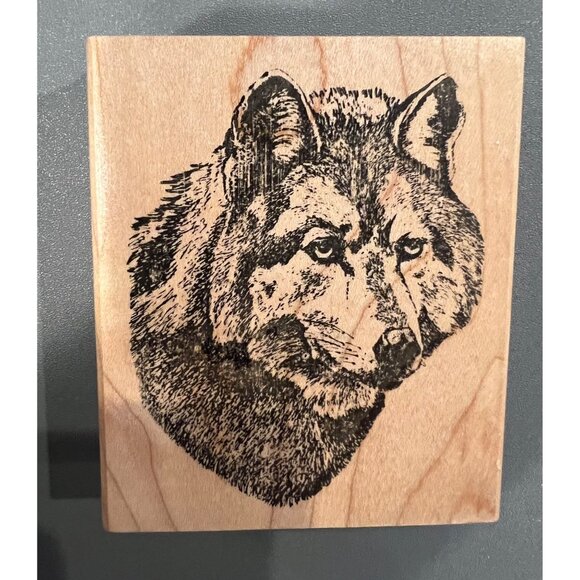 Vintage Wildlife Enterprises 1991 Wolf Portrait Wooden Mounted Rubber Stamp - Picture 1 of 4
